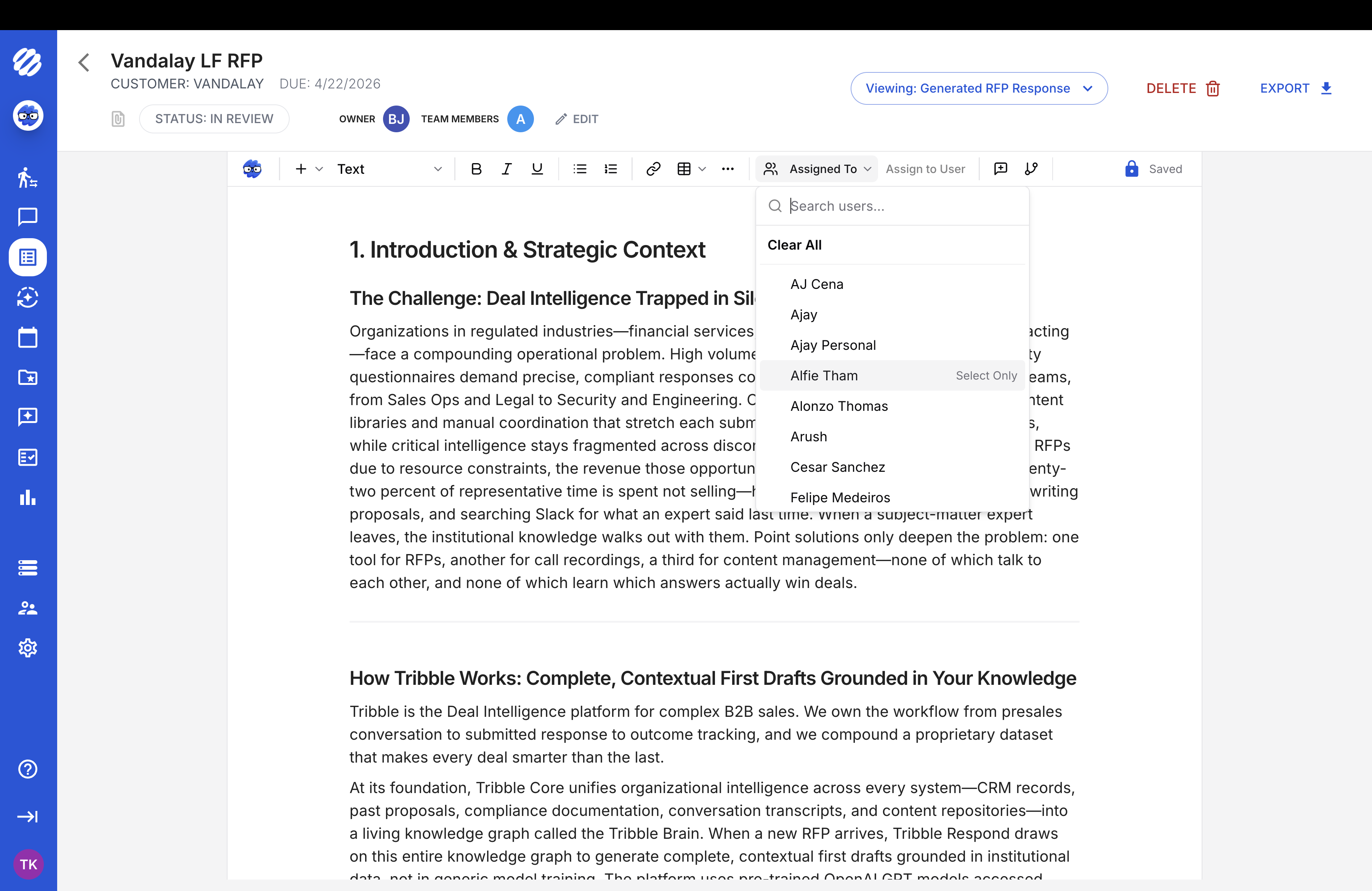 Tribble response editor showing assignee selection for expert review routing