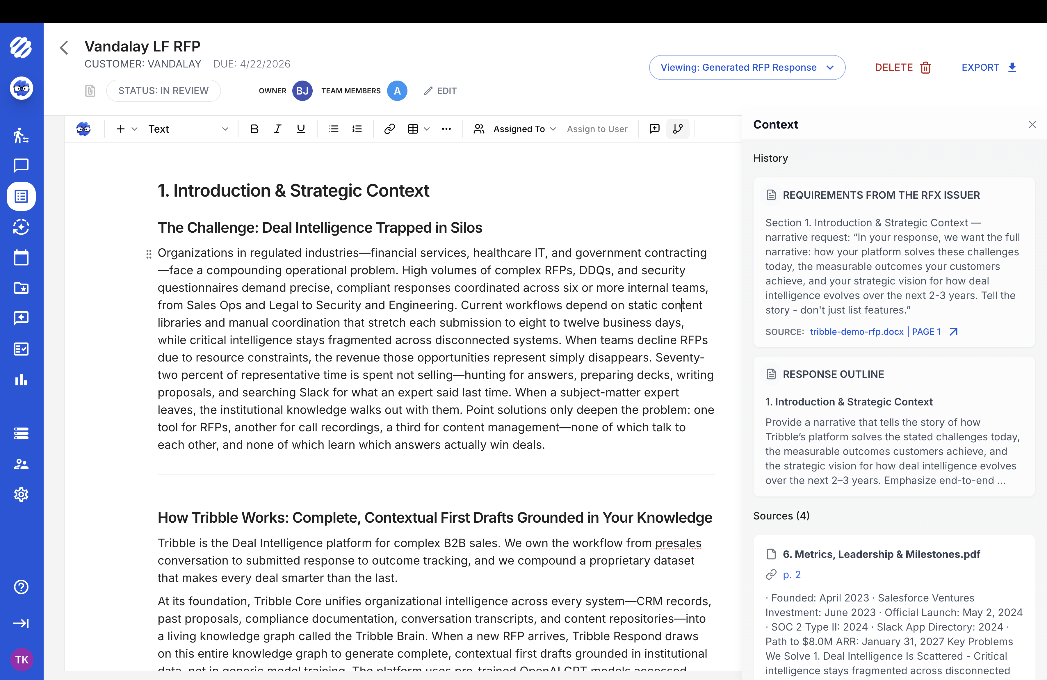 Tribble response editor showing generated answer context and cited sources