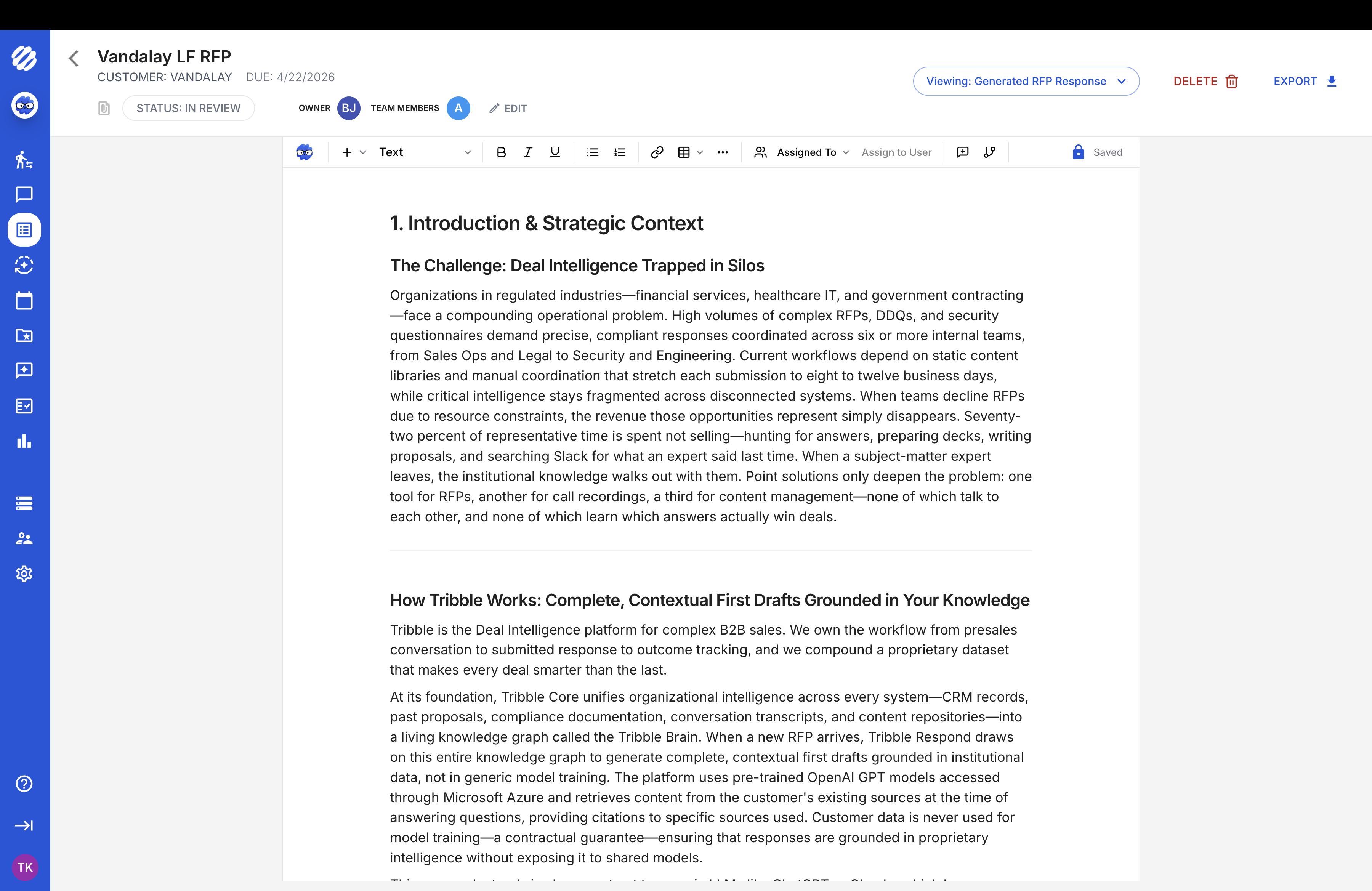 Tribble generated response editor drafting answers from approved knowledge