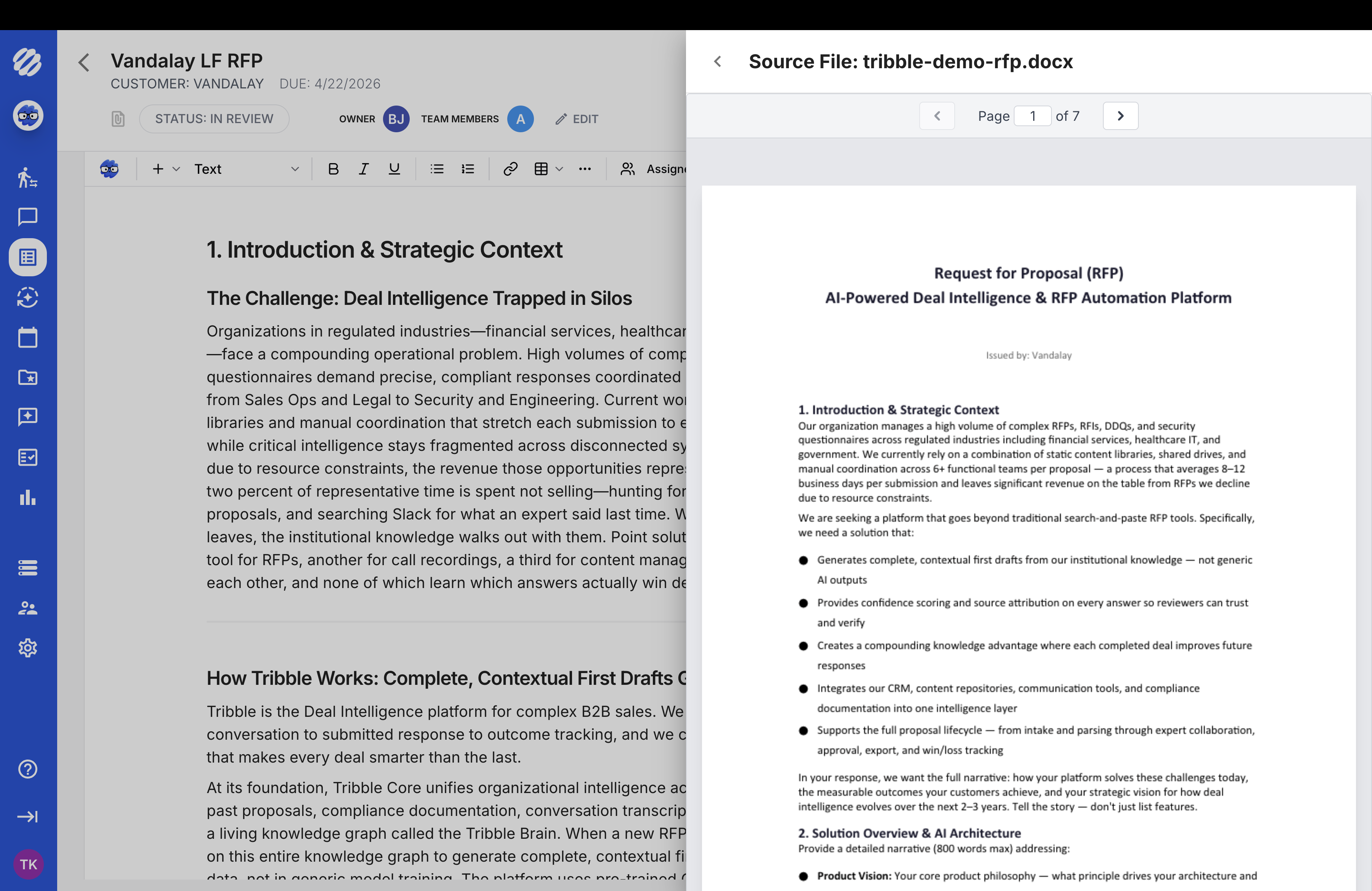 Tribble source document preview showing generated response grounded in source material