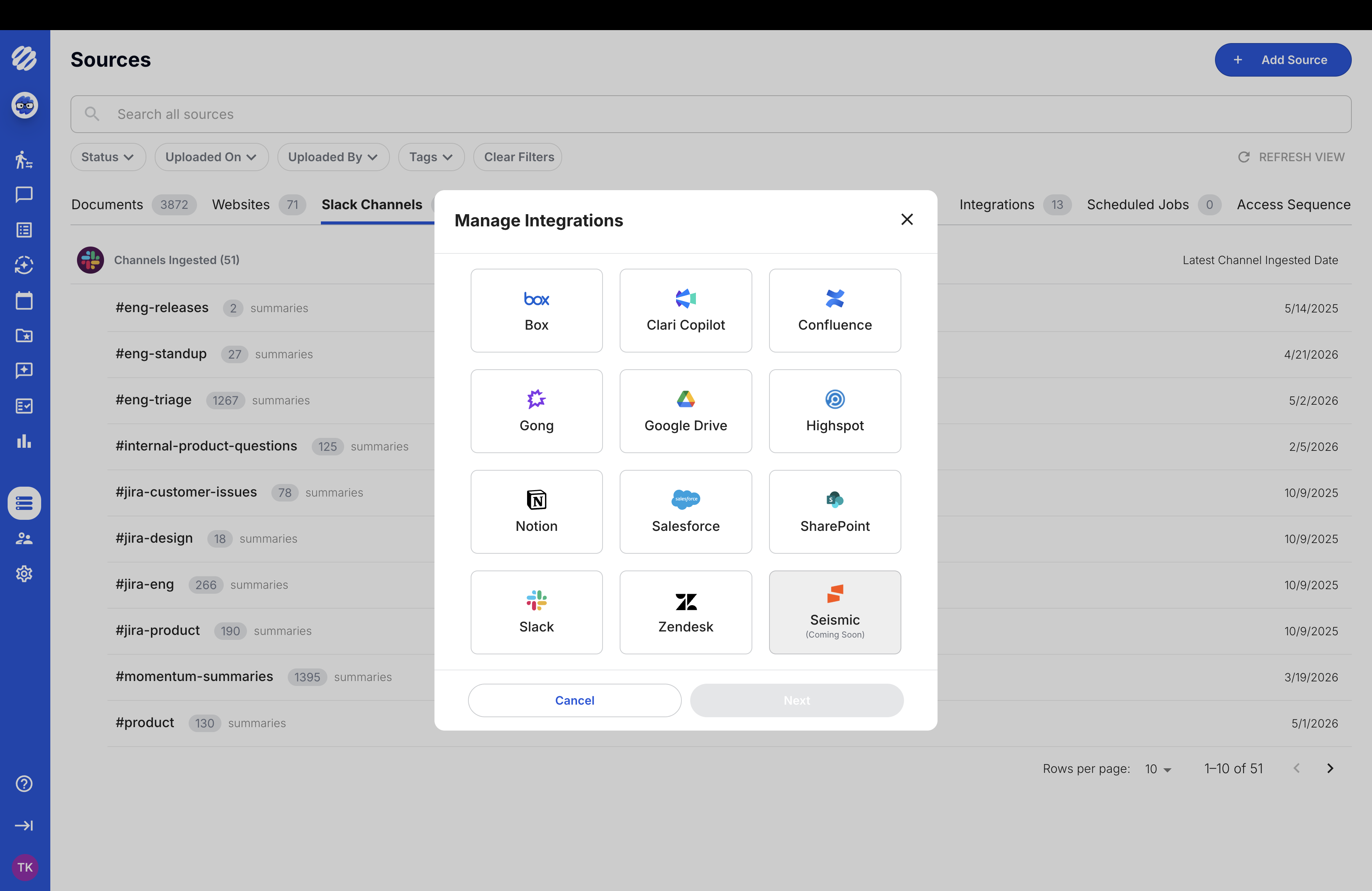 Tribble sources page showing connected enterprise integrations and source systems